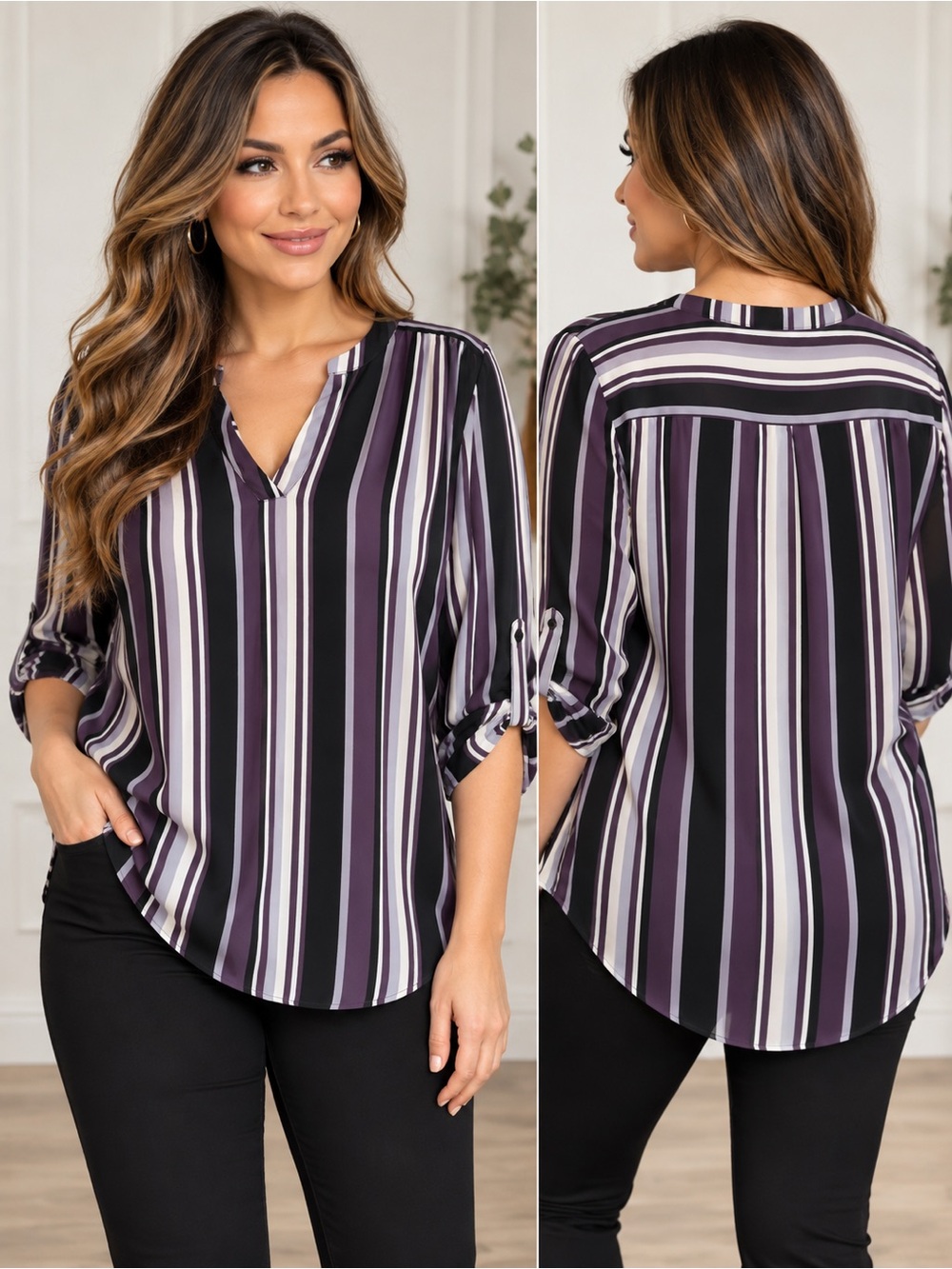 Worthington Striped V-Neck 3/4 sleeves Blouse Purple Black White 0X Plus Size